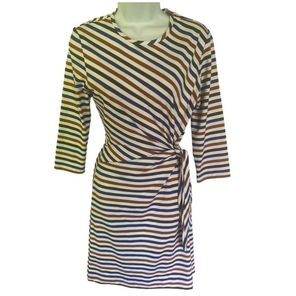 J McLaughlin Striped Wrap dress -S blue tan striped , polyester spandex